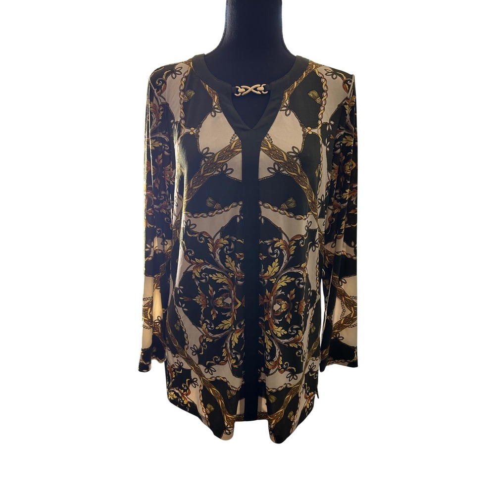 Susan Graver Womens XS Tunic Top Scarf Print V Neck Gold Accent Long Sleeve‎